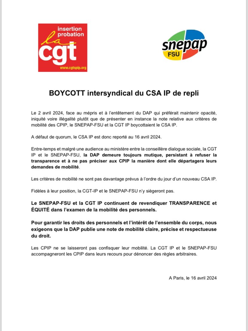 Boycott intersyndical CGT-IP & SNEPAP-FSU du CSA SPIP de ce jour, déclaration :