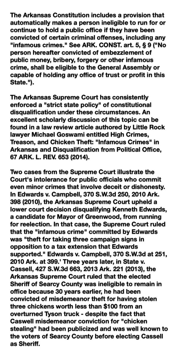 #lecterngate  

ICYMI, the AR Constitution includes a provision that automatically prohibits a person from continuing to hold a public office if they have been convicted of even a minor criminal offense that involves deceit or dishonesty. There are no exceptions.