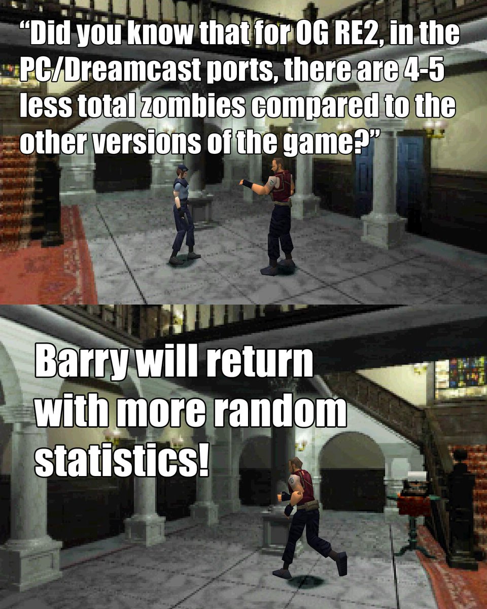 EvilResource's tweet image. For some reason the devs of these ports decided to tweak things, and the number of zombies is one of them. For Claire A/Leon B (Normal) you encounter 4 less zombies compared to the PSX/N64/GameCube ports, and in Leon A/Claire B there are 5 less zombies! #REBHFun #ResidentEvil