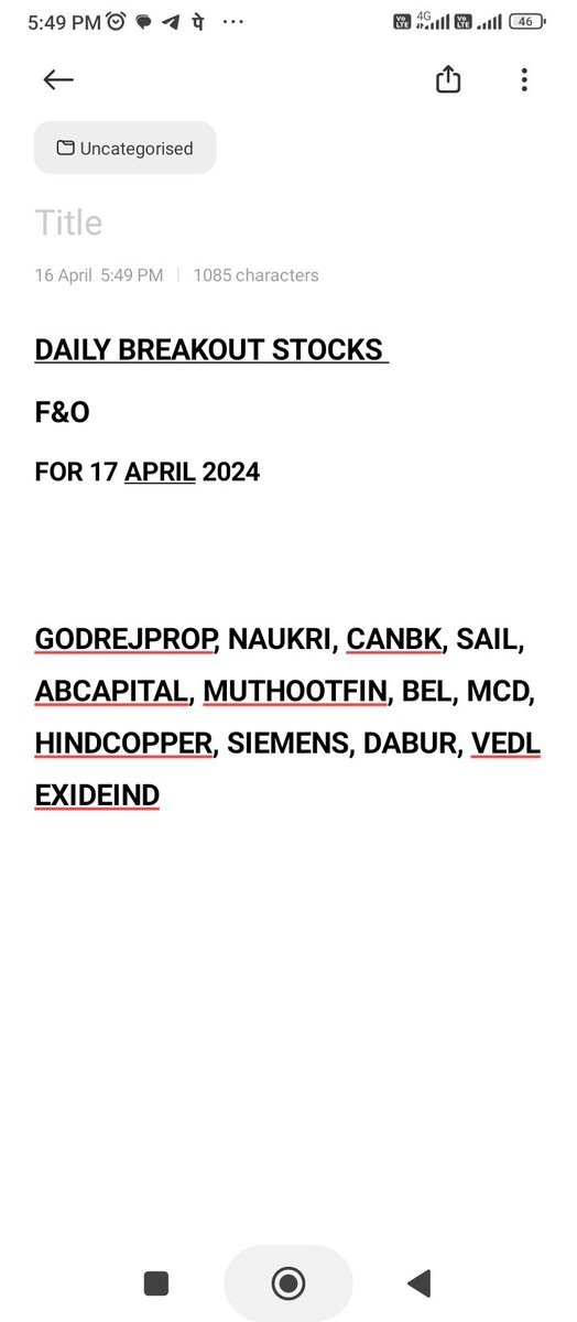 kkguptackt's tweet photo. DAILY BREAKOUT STOCKS
F&amp;O
FOR 17 APRIL 2024

#StockMarketindia  #trading #BreakoutStock #StocksInFocus #StockToWatch #BREAKOUTSTOCKS
#TopGainers  #TOPGAINER https://t.co/PTOJS4EbGJ