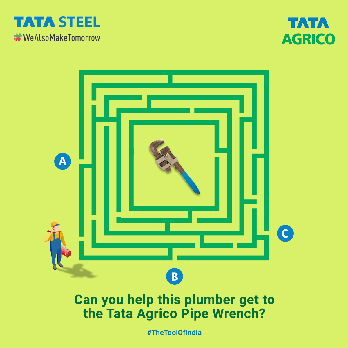 AgricoTata's tweet photo. Our plumber has an important appointment to keep! Can you lead him through the right path to his trusted Tata Agrico Pipe Wrench?
.
.
.
#TataAgrico #toolsset #tatatools #thetoolofindia #plumber #TataAgricoPipeWrench https://t.co/4JYQn5BVbP