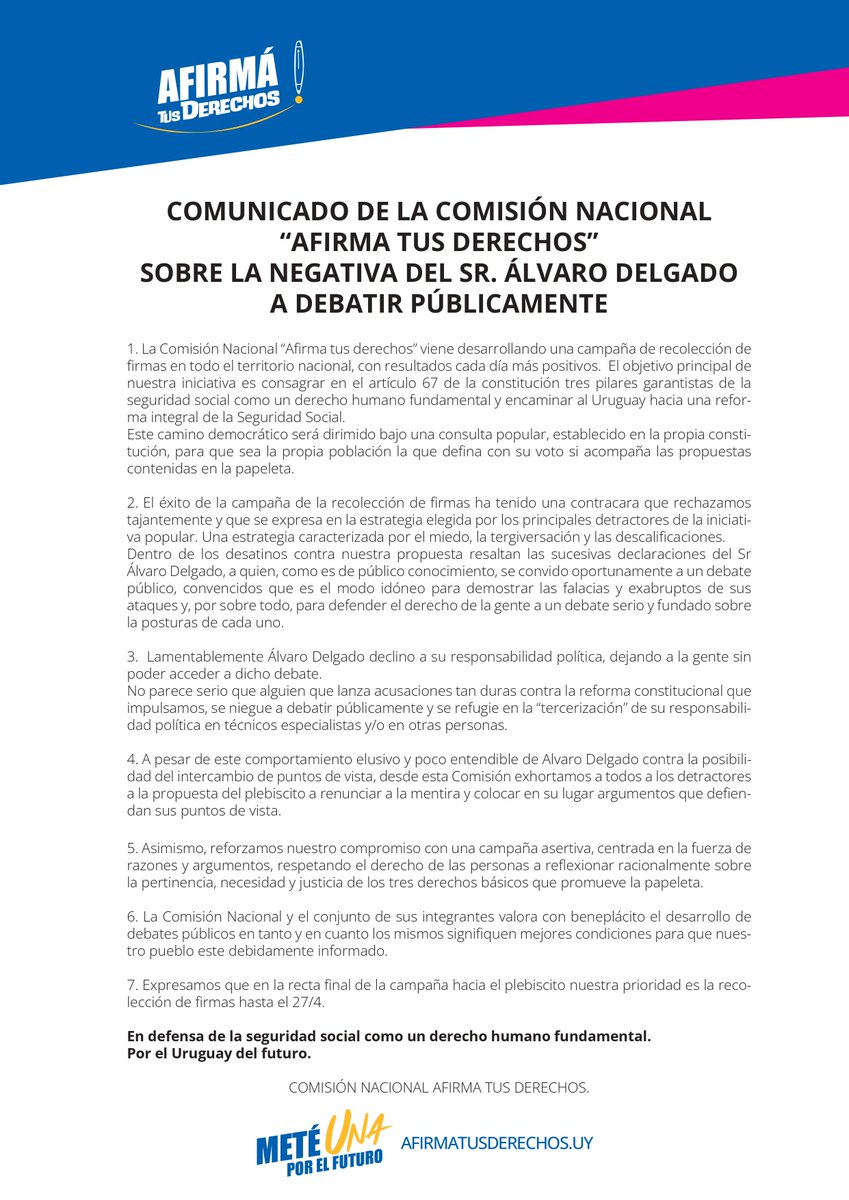 La Comisión Nacional “Afirma tus derechos” está llevando a cabo una campaña de recolección de firmas para consagrar en la Constitución tres pilares de la seguridad social como un derecho humano fundamental y encaminar al Uruguay hacia una reforma integral de la Seguridad Social.