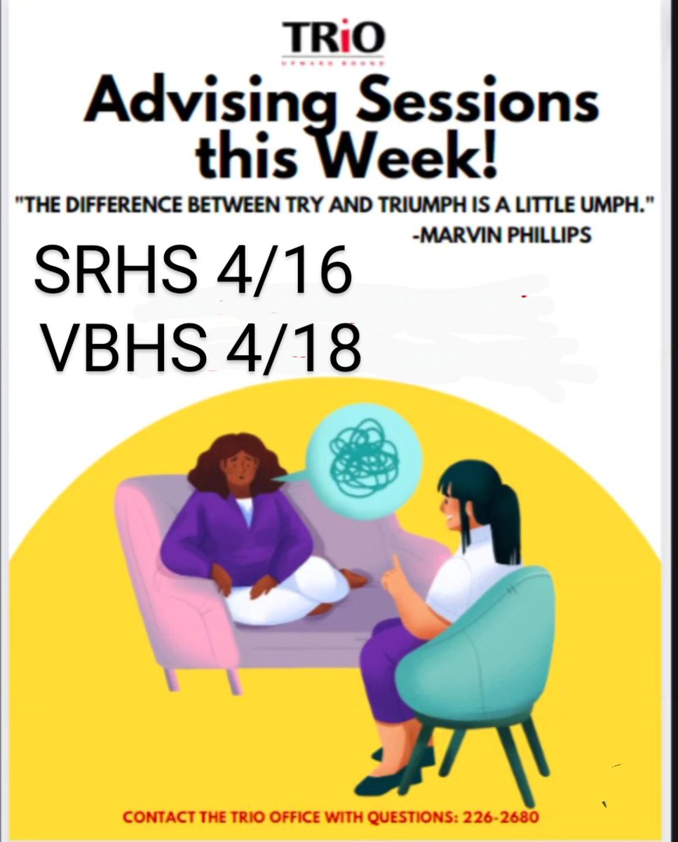 Advising will take place at each high school, 4/16 Sebastian River High and 4/18 Vero Beach High. TRIO UB Students make sure you stop by the sessions this week!