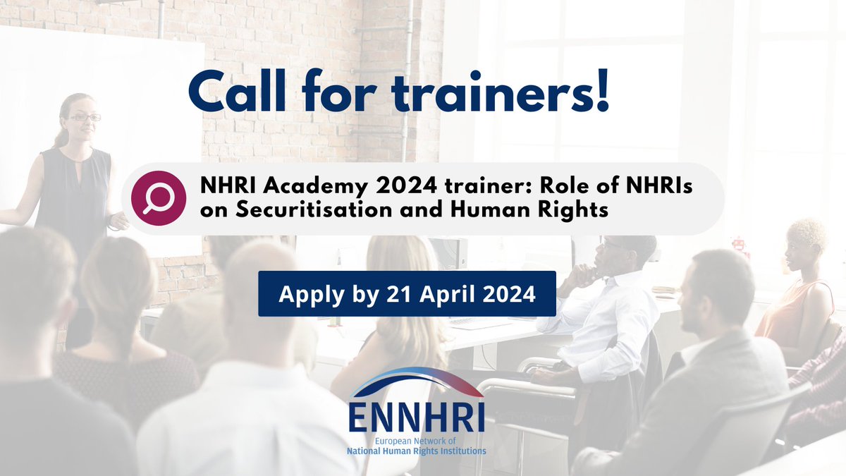 We're seeking a trainer for our NHRI Academy 2024! 📌 Are you an expert in securitisation & #HumanRights? 📌 Do you have proven experience in developing & delivering #training? Then we want you to hear from you 🫵 by 21 April. Full info on applying: ennhri.org/vacancies/