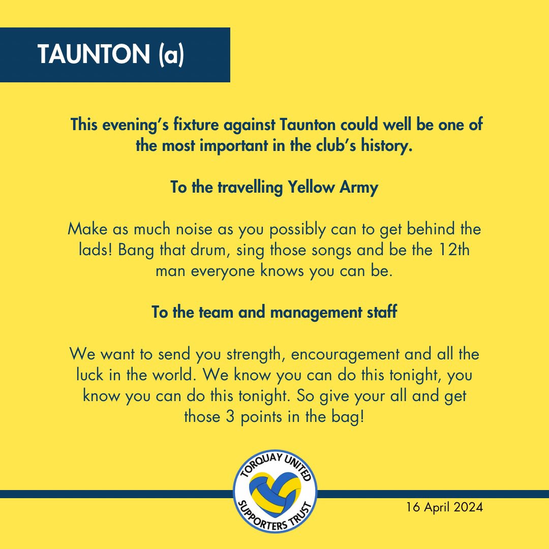 Taunton (a) 

#TUST #TUFC #COYY #YellowArmy #torquay #torquayunited