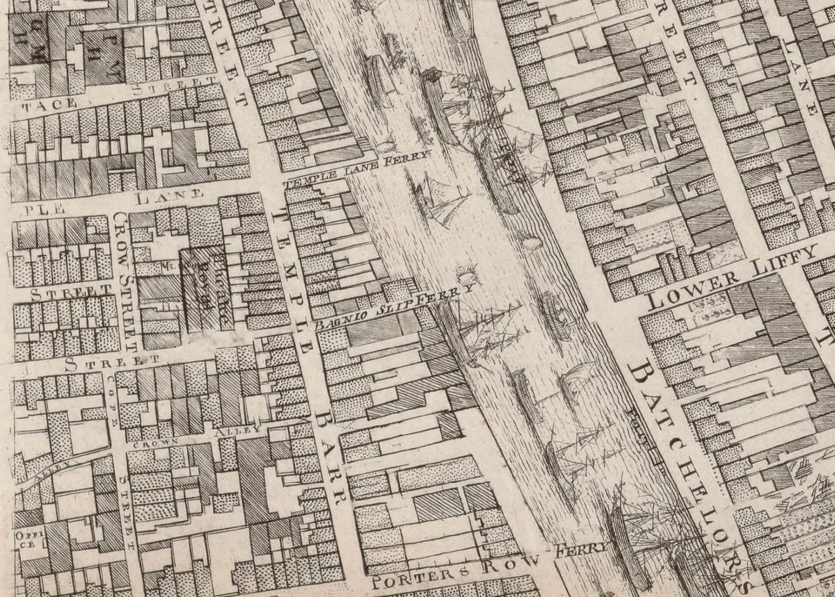 when Dublin had fewer bridges, ferries still took people across the Liffey. There were 3 ferry 'slips' in Temple Bar: Temple Lane, Bagnio, and Porters Lane. Join my unique architecture & history walk of Temple Bar, 1.45PM, TUES 23 APRIL Tickets only on dublindecoded.com