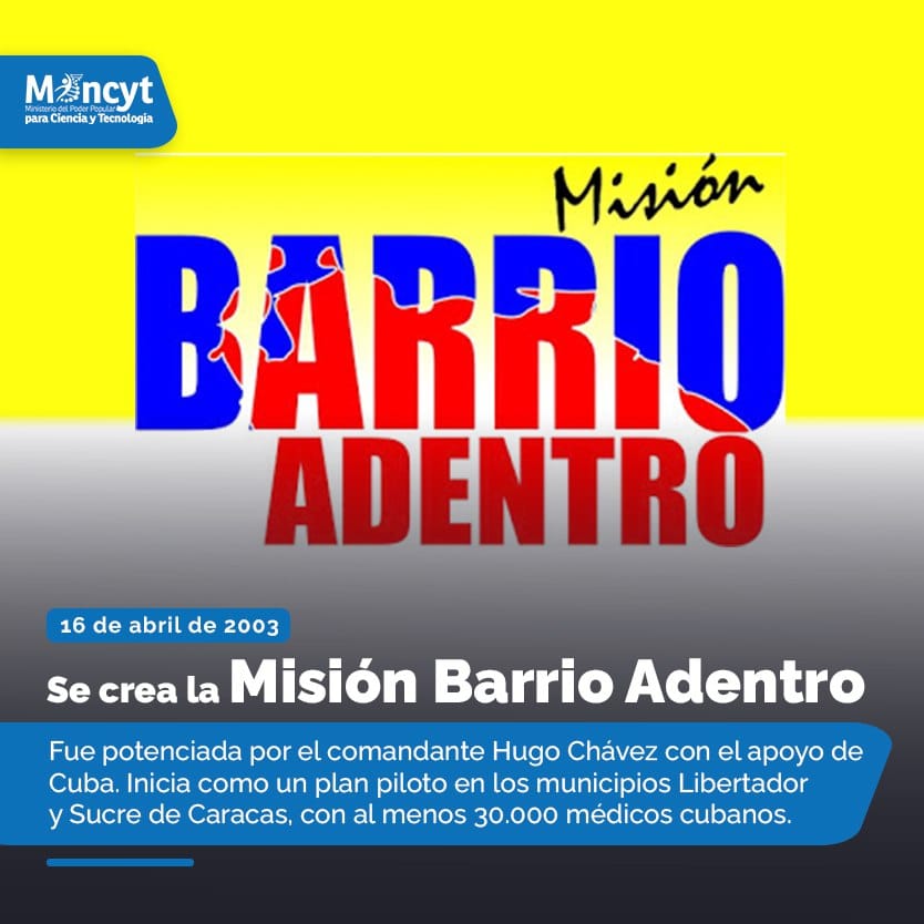 #16Abr
#Efemérides
Creación de la Misión Barrio Adentro 🩺⚕️💉

#Infocentro #CienciaParaLaVida #CienciaYTecnología
#QueLoSepaElMundo

@InfocentroOce @BrigadasCHCH @enunclicvlc @icarabobo2021 @Car57BC