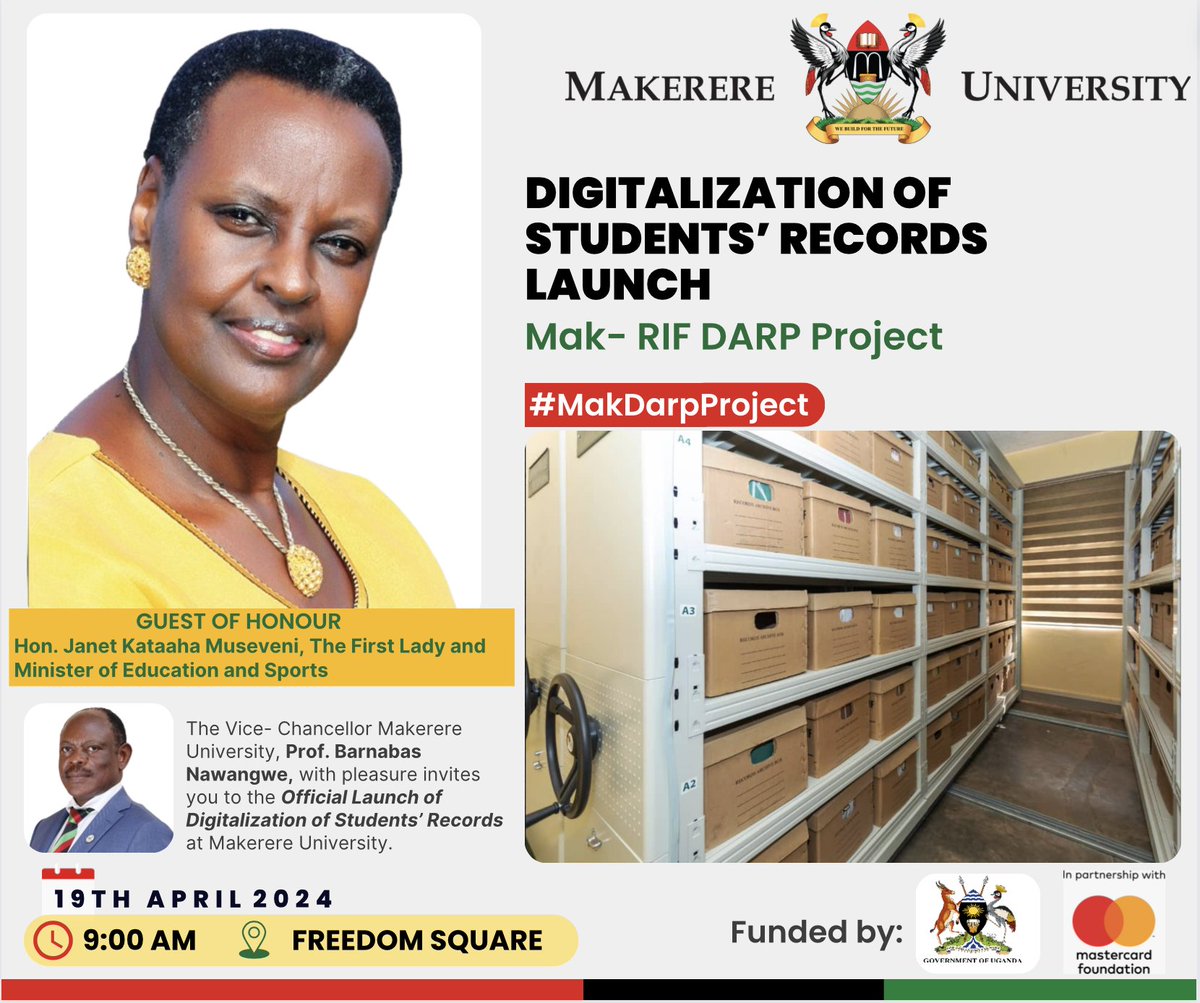 #Happening on 19th April, 2024. #MakDarpProject Digitalisation of Student's Records Launch. @Makerere Freedom Square starting at 9:00AM.