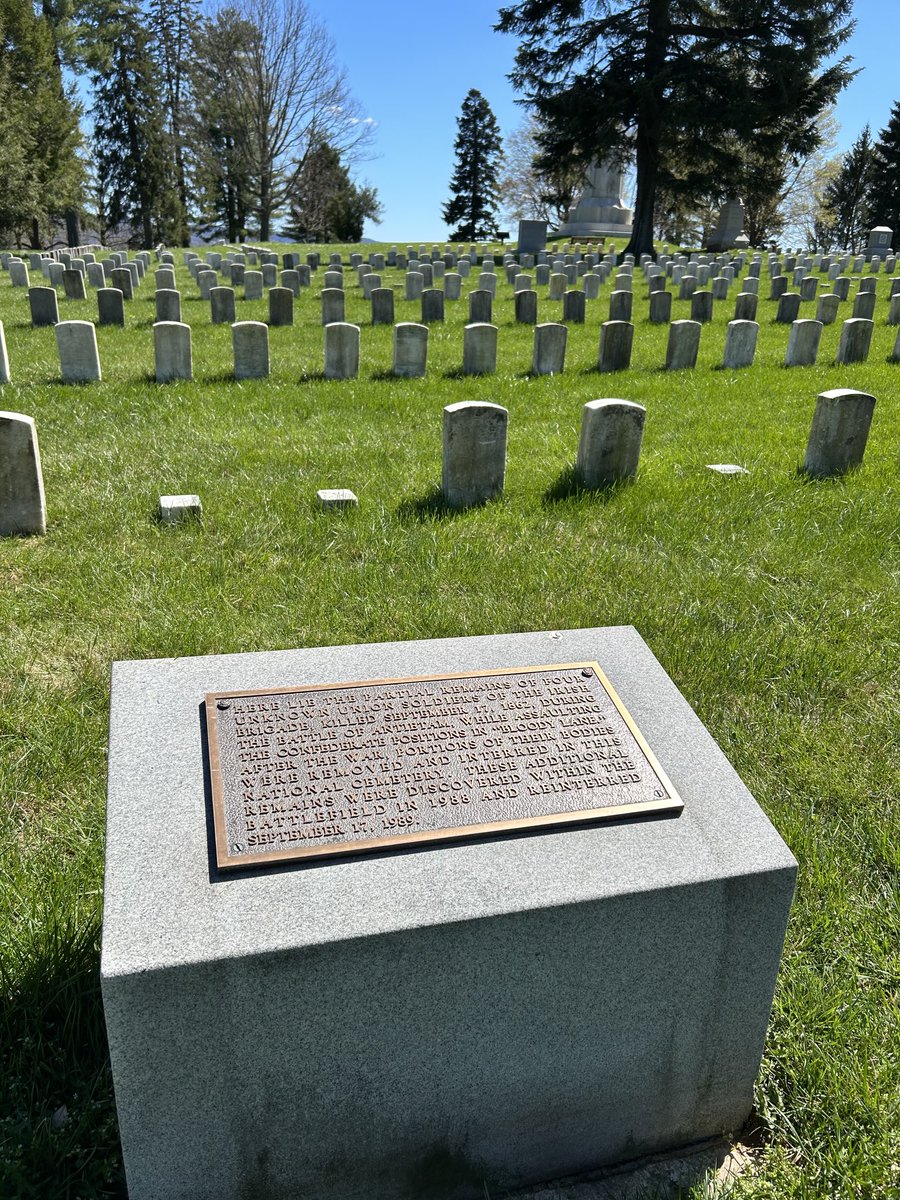 This unique plaque at Antietam National Cemetery commemorates four soldiers from the Irish Brigade, whose partial remains were discovered near the Sunken Road in 1988 and reinterred here in 1989. They attacked the Confederate position on Sept. 17, 1862.