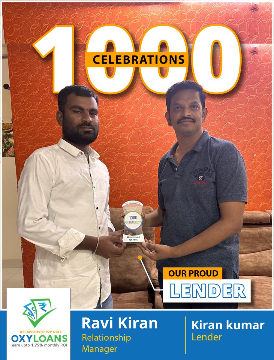oxyloans's tweet photo. 🎉 1000 milestones 

Congratulations and best wishes to our https://t.co/gAtS8Db2PC lender Kiran Kumar.

#OxyLoans #InvestmentOpportunity #FinancialGrowth #LendingPlatform #HighReturns #10xPlans #InvestWisely #Finance #EarningPotential #InvestmentStrategy #LinkedInNetworking https://t.co/aIGq8kQPfw