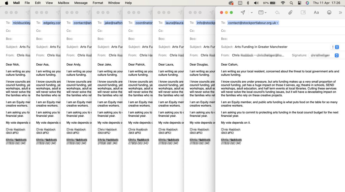 Thanks to the email @EquityManc sent out I’ve been able to write to 8 of the 11 candidates in my local & mayoral elections coming up next month. The #StopTheCuts campaign @EquityUK has set up is brilliant! equity.org.uk/campaigns-poli…