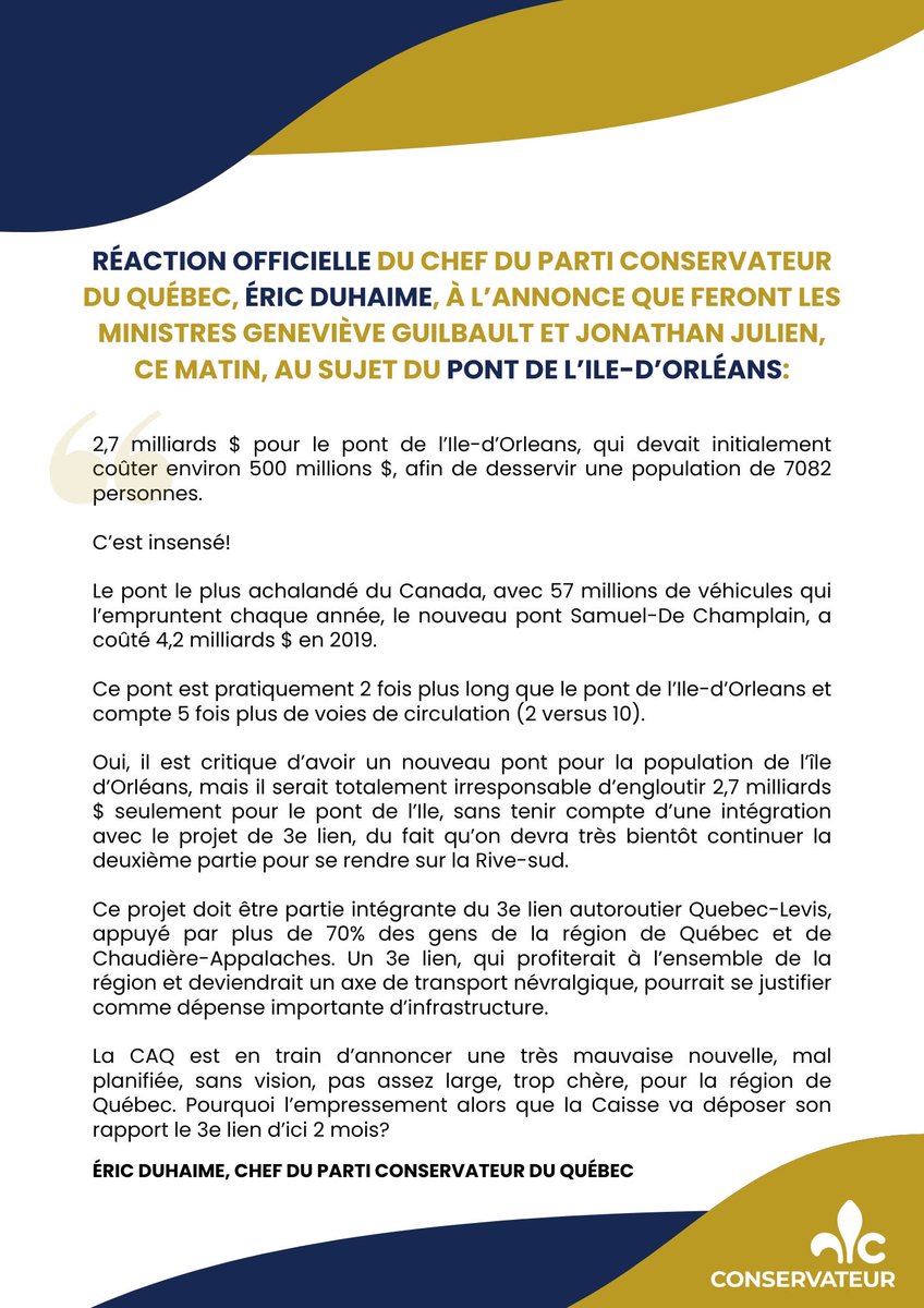 Réaction du Parti conservateur à l’annonce du pont de 2,7 milliards $ à l’Ile-d’Orléans: