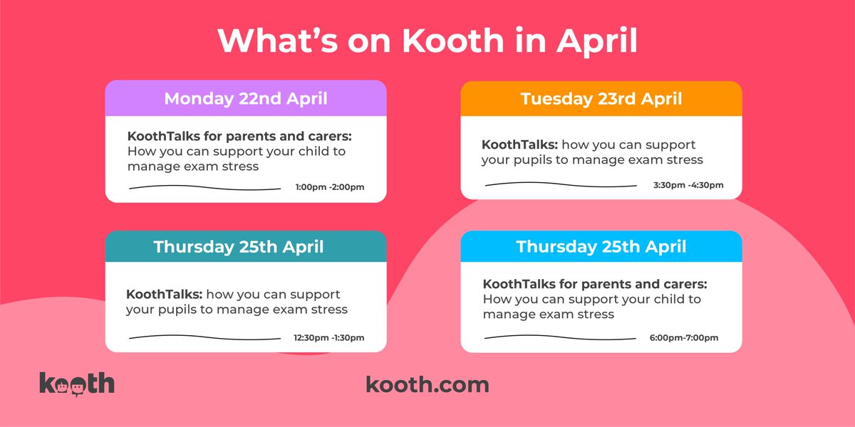 Join our #KoothTalks sessions this week on Exam Stress for students or parents and carers

Check out the schedule below and secure your spot at our upcoming sessions by clicking this link:  linktr.ee/KoothEngagemen…

#KoothTalks #April #MentalHealthMatters #freewebinar