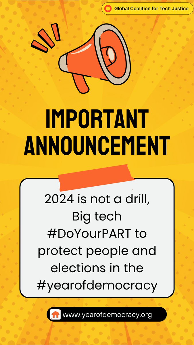🚨🚨Over 200 civil society organisations and individuals call for equitable break-glass measures to protect elections and people worldwide during the remaining months of 2024. #DoYourPART #yearofdemocracy
Read More: yearofdemocracy.org/a-hundred-days…