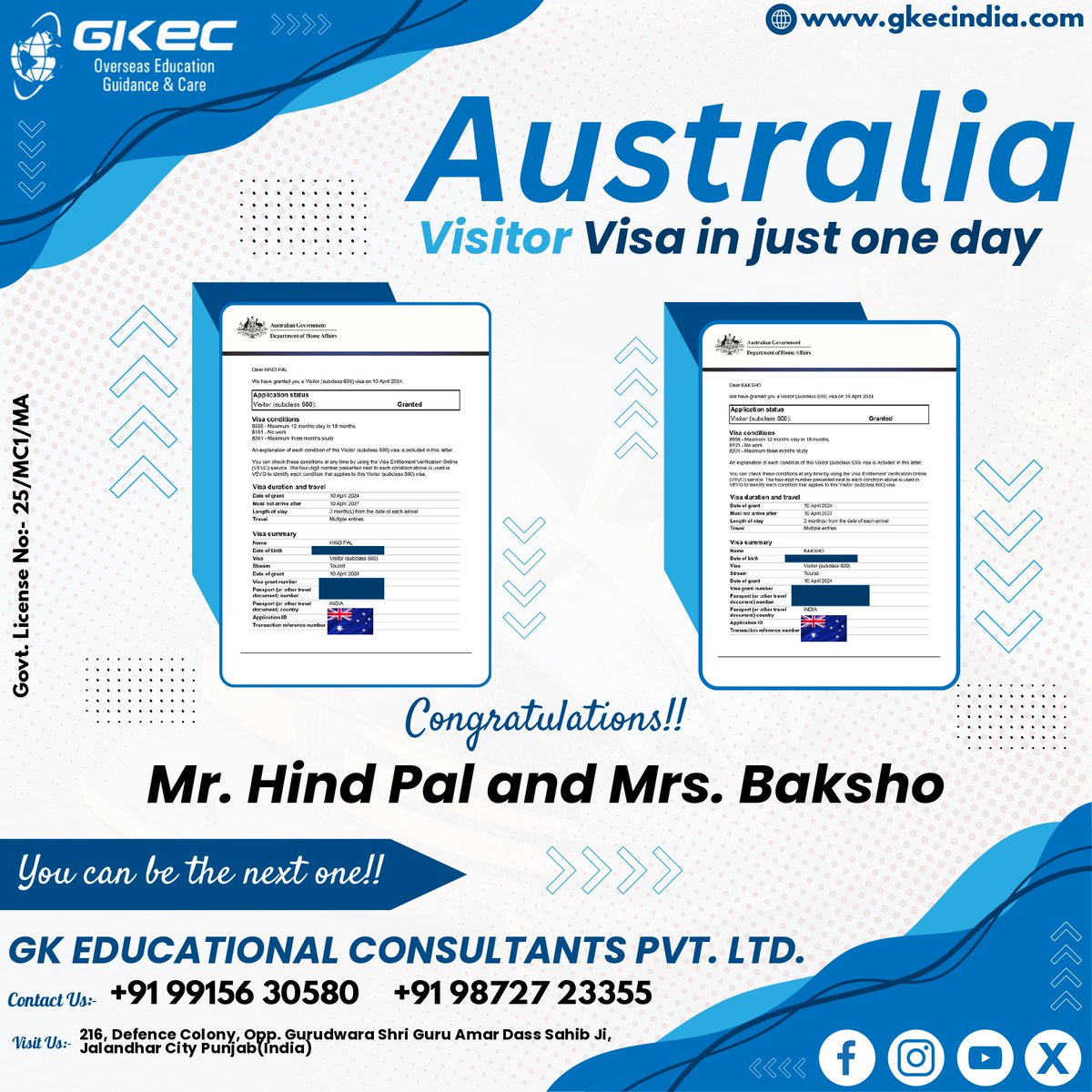 Congrats to Hind Pal & Baksho on their Australia Visitor Visas! You could be next! Don't miss out! Contact us now #LiveAfterDeath #UPSC #zerodha #RanveerSingh #SalmankhanHouseFiring #nifty50 #BlackRock #ModiInterview #IStandwithRavindraSinghBhati #Kannappa #आएगा_तो_भाटी_ही