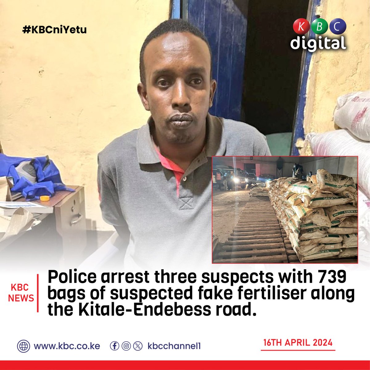 Police arrest three suspects with 739 bags of suspected fake fertiliser along the Kitale-Endebess road. #KBCniYetu
