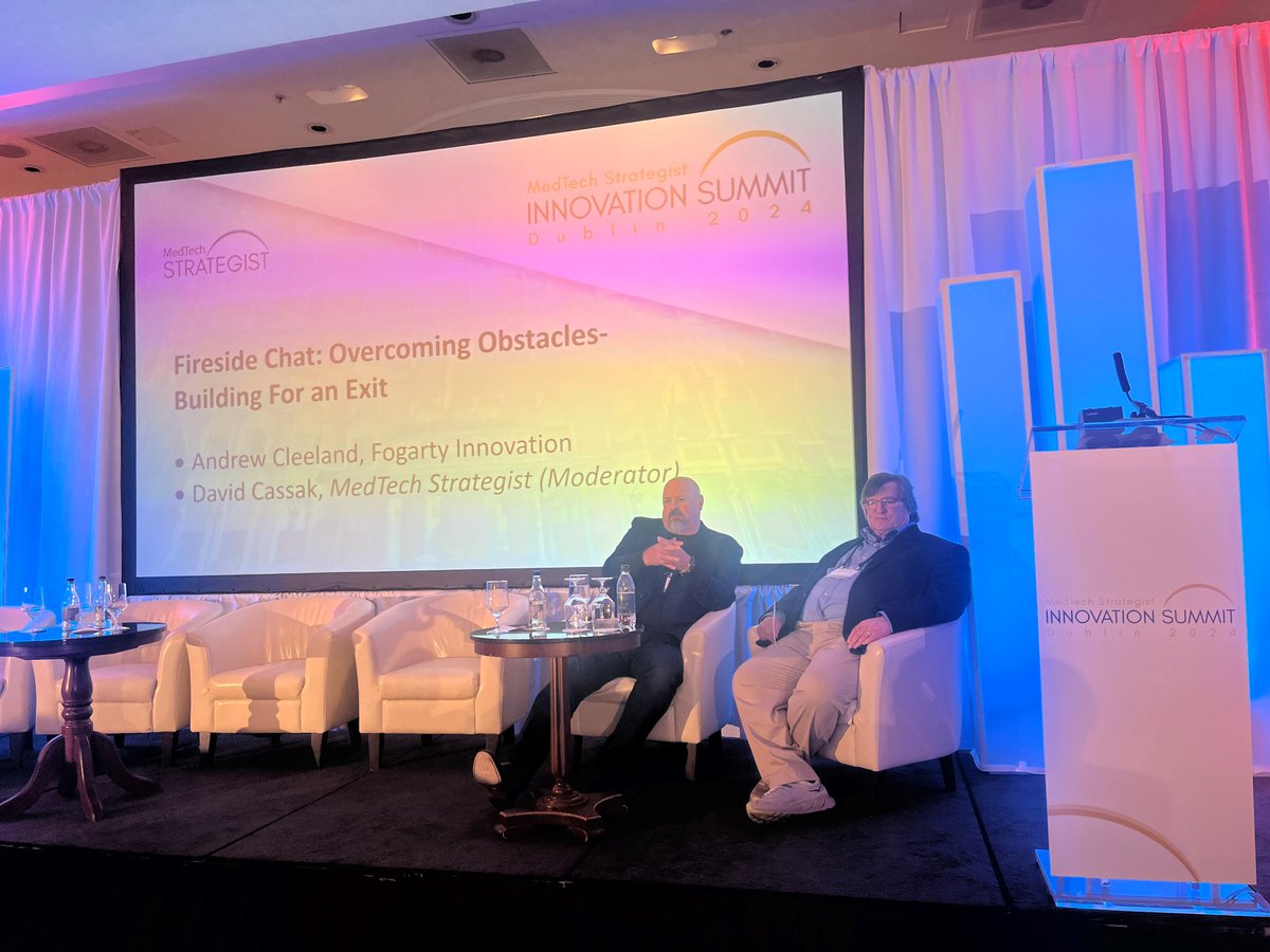 Now at #InnovationDublin24 is “Fireside Chat: Overcoming Obstacles - Building For an Exit” with Andrew Cleeland, CEO of Fogarty Innovation, and David Cassak, Editor-in-Chief of MedTech Strategist. Stay informed: bit.ly/3LXWy60