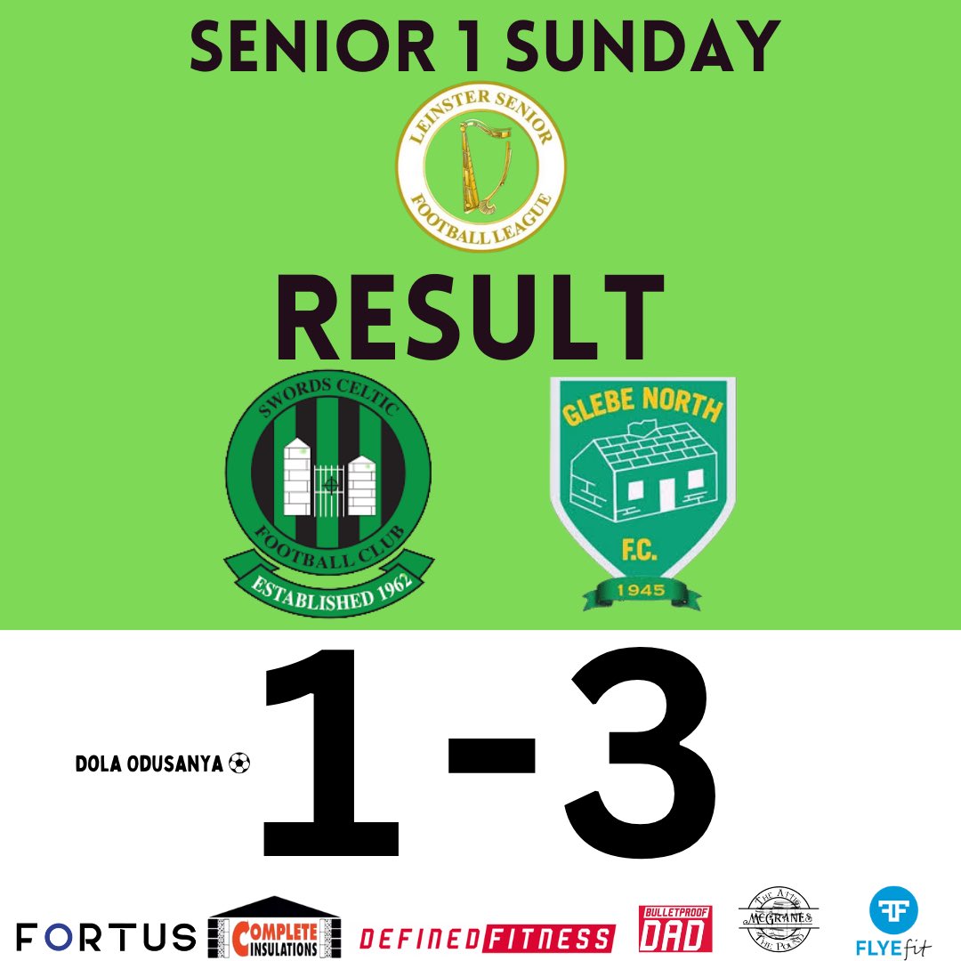 🚨 LSL Senior 1 Sunday - Result 🚨 

Not the result that we had hoped for after a solid 1st half but we will try &amp; take the positives!

Dola Odusanya ⚽️

Best of luck to Glebe in the upcoming FAI Intermediate Final! 

Do North Dublin  proud 🤝 

🟢⚫️⚔️🟢⚫️

 #lsllivescore