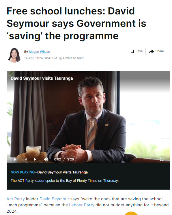 David Seymour - a dishonest and manipulative Associate Minister of Education is a contradiction in terms March - free school lunches are wasteful March/April - polls Act down Mid/April - I am the one saving free school lunches