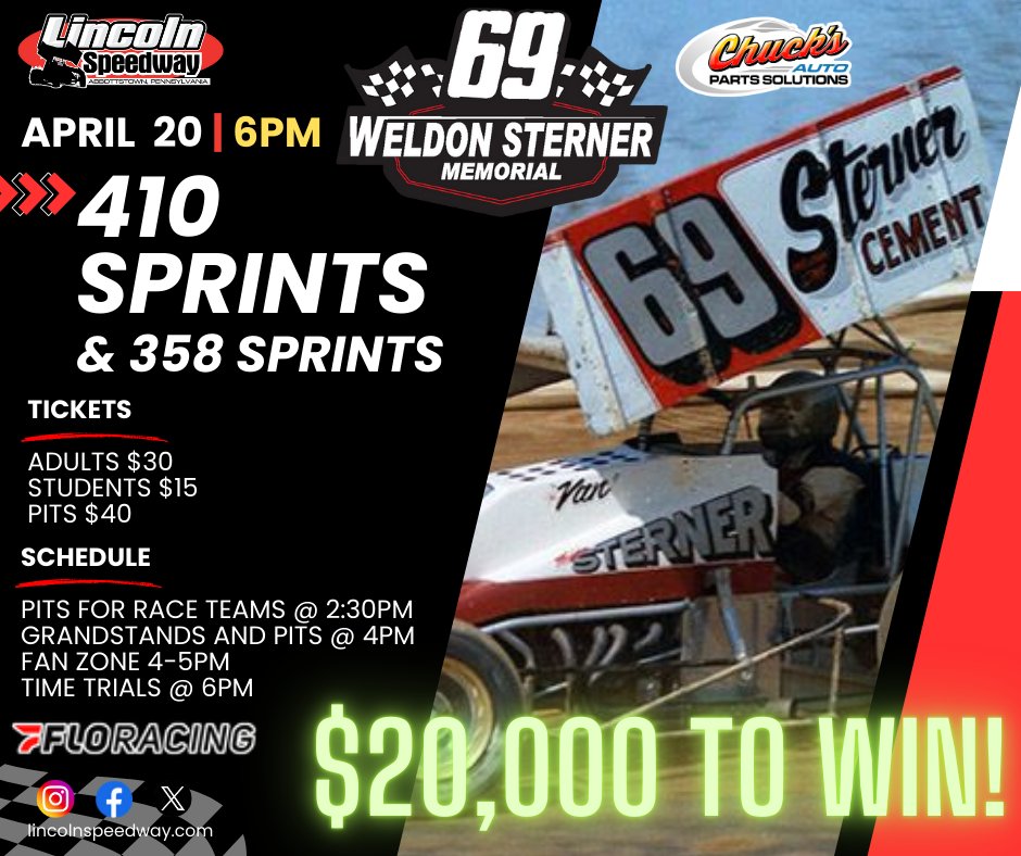 This Saturday is JAM-PACKED with something for everyone! You won't want to miss the 20th annual $20,000 to win Weldon Sterner Memorial presented by Chuck's Auto Parts Solutions! 𝙎𝙘𝙝𝙚𝙙𝙪𝙡𝙚 Pits for race teams @ 2:30PM Grandstands & Pits for fans @ 4PM Fan Zone from 4-5PM