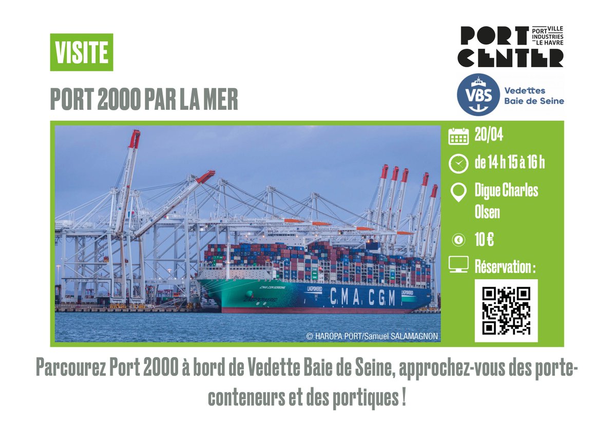 Dernières places ! #visite – Port 2000 par la mer 📅 Samedi 20 avril de 14 h 15 à 16 h 📌Parcourez Port 2000 à bord de Vedettes Baie de Seine et approchez-vous des porte-conteneurs et des portiques ! 💻 buff.ly/4aZOmgB