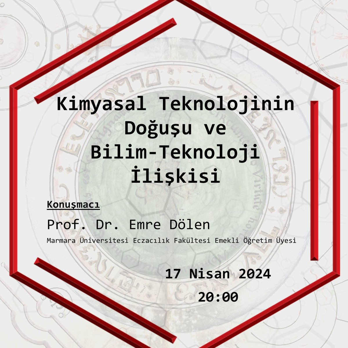 Kimya Tarihi Seminerleri'nin ilkinde Prof. Dr. Emre Dölen, 17 Nisan Çarşamba günü saat 20:00'da 'Kimyasal Teknolojinin Doğuşu ve Bilim-Taknoloji İlişkisi' başlıklı konuşmasını gerçekleştirecektir. Etkinlik için Zoom linki: istanbul-edu-tr.zoom.us/j/93005610782