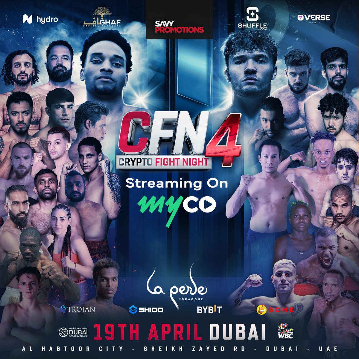 myco_io's tweet photo. Crypto Fight Night returns to Dubai on April 19th! Dubaiβs most iconic boxing competition will end your week with a bang. Catch all the live action on myco! π₯π₯
#CryptoFightNight #DubaiBoxing https://t.co/xz71sOlsRG