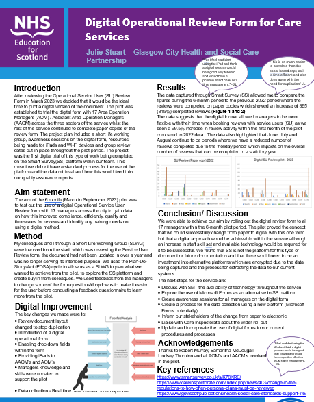 Cohort 20 projects are available to view on our Turas page➡️ learn.nes.nhs.scot/56726 Julie Stuart’s project was to test out the use of a digital Operational Service User Review form with managers across Glasgow City HSCP. Have a look! learn.nes.nhs.scot/74504