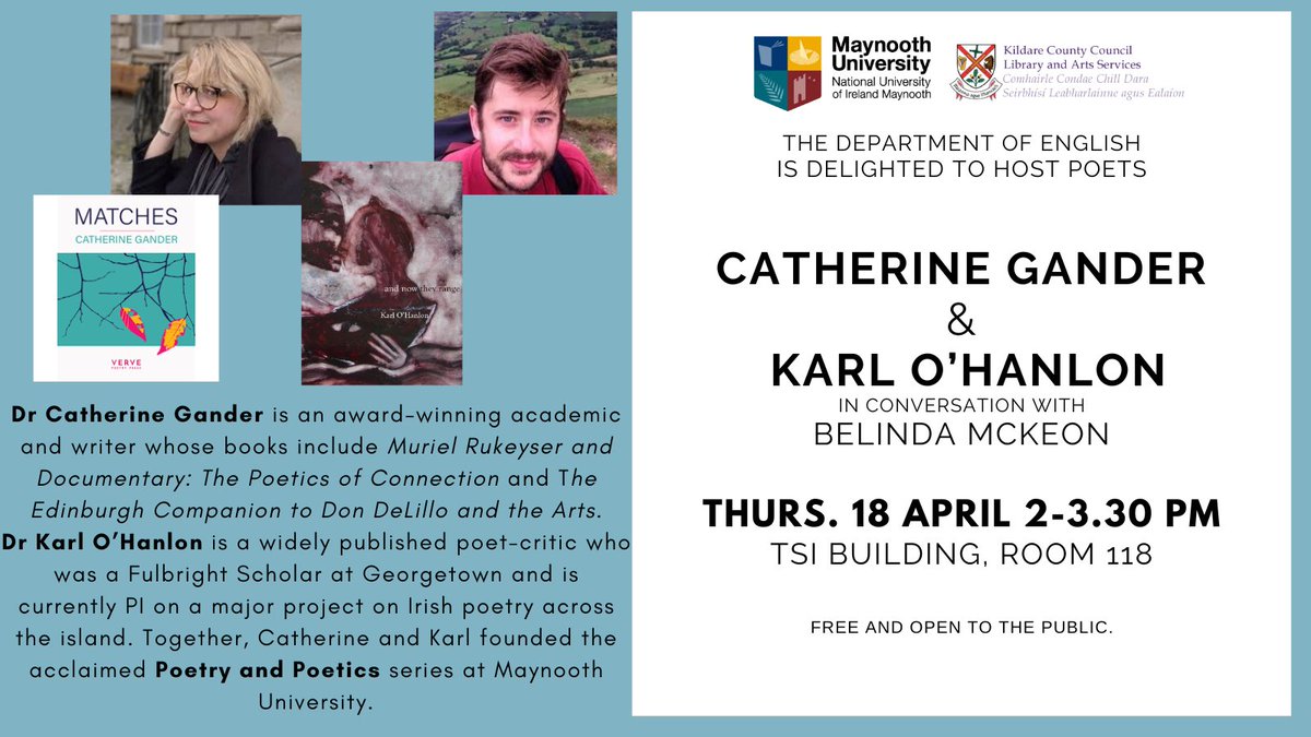 On Thursday, two of our fantastic colleagues will be talking about their poetry: this event is free and open to the public, and it will be brilliant! 🌟@writing_mu @gandercat @BranPoetry @MUFacultyofArts @MaynoothUni