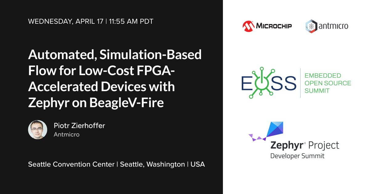 Our third talk at the #ZephyrDeveloperSummit describes Antmicro's work around @MicrochipTech #PolarFire SoC based #BeagleVFire and its new #ZephyrRTOS port with first-class support in @renodeio. Learn how to build advanced, configurable systems with #FPGA acceleration: