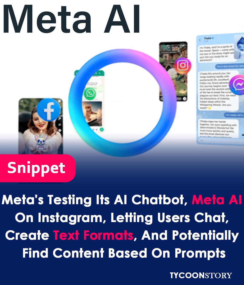 TycoonStoryCo's tweet photo. Meta is testing its AI chatbot, Meta AI, on Instagram
#MetaAI #Chatbot #Instagram #GenerativeAI #Poetry #Graphics #TechCrunch #Engadget #SocialMedia #Facebook #WhatsApp #LLM #Llama2 #Bing #MetaConnect2023 #RealTimeAI #InformationRetrieval @Meta @instagram @AIatMeta https://t.co/dgCJRW9SGm