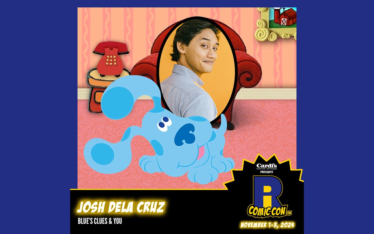 Please welcome Josh Dela Cruz to #RICC2024! He plays Josh, the host on Nick Jr.'s Blue's Clues & You. And if you think his singing voice sounds familiar, theater buffs know him from Aladdin on Broadway! Buy your tickets now! #BluesClues