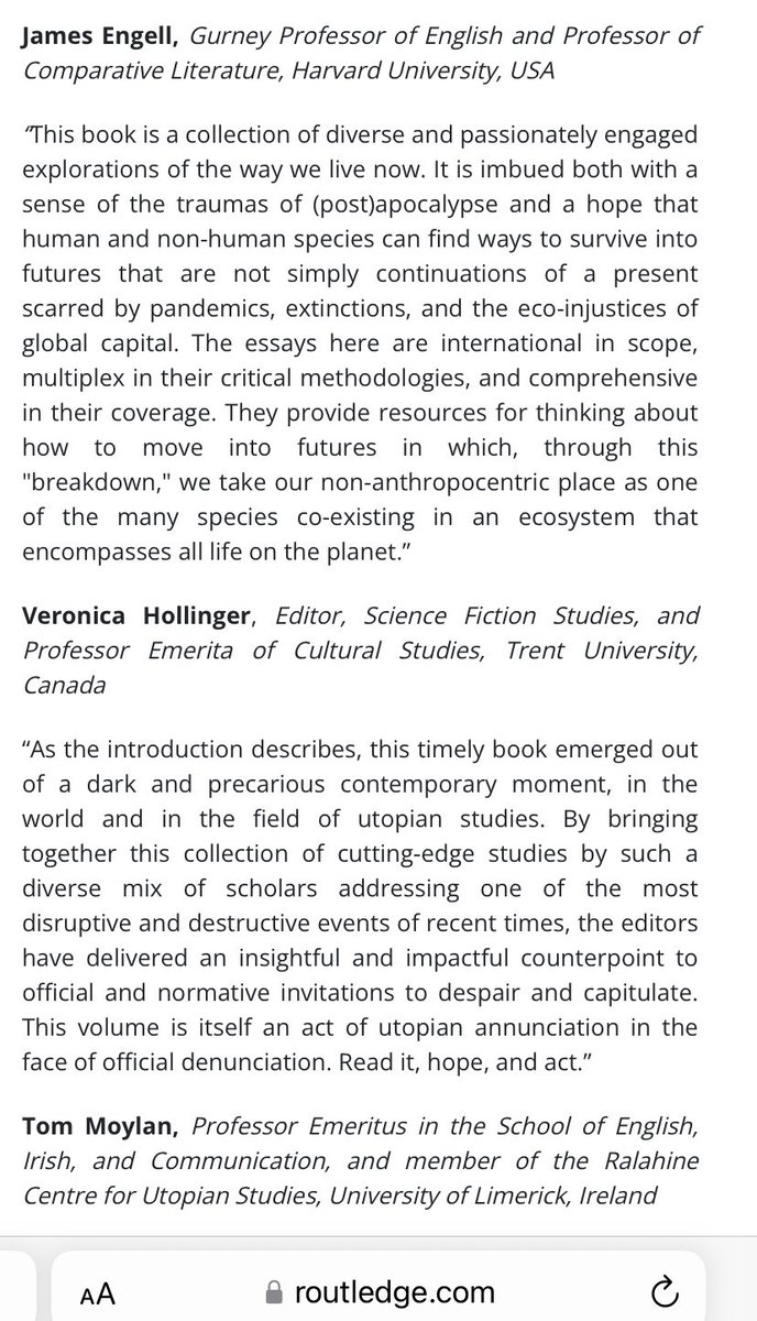 Critics’ reviews about our upcoming book Utopian and Dystopian Explorations of Pandemics and Ecological Breakdown: Entangled Futurities (2024) are now available on the website: routledge.com/Utopian-and-Dy… @uniofwarwick @IASWarwick @Harvard @UniofOxford @tpmoylan @WarwickEHN