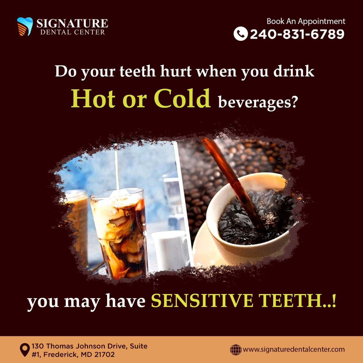 Do you experience tooth pain when drinking hot or cold beverages? It might be a sign of sensitive teeth. Let us help you find relief!
.
For appointments, call or text: +1240-831-6789
Or Visit: signaturedentalcenter.com
.
#Dentalcheckups #Pediatricdentistry #toothextraction