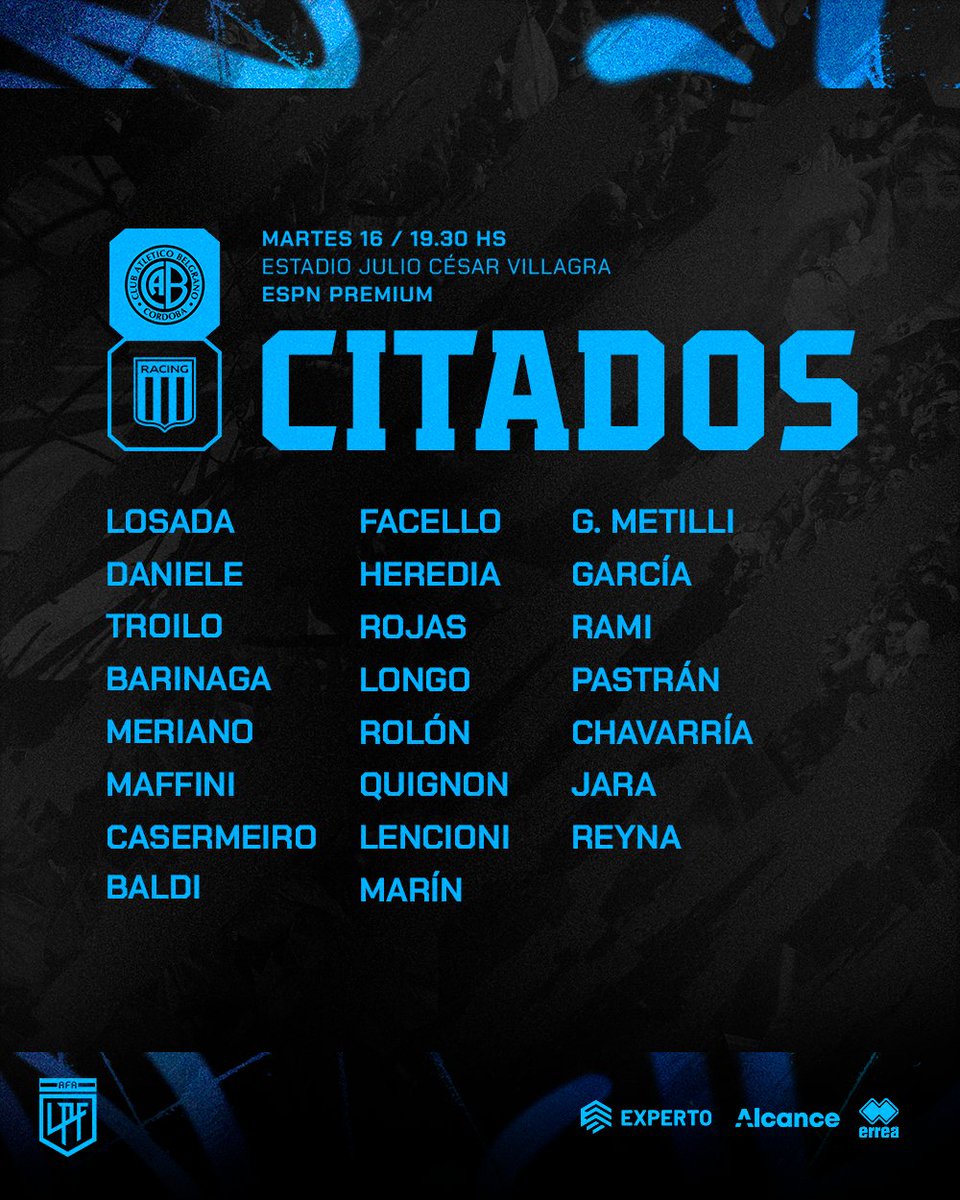 📄🏴‍☠️ #CitadosBelgrano | Los convocados para recibir a Racing, con un cambio de último momento. 🏥 Parte Médico: Finalmente, Ignacio Chicco será baja en el partido ante Racing a causa de una sobrecarga muscular. En las próximas horas se le realizarán estudios de imagenes para