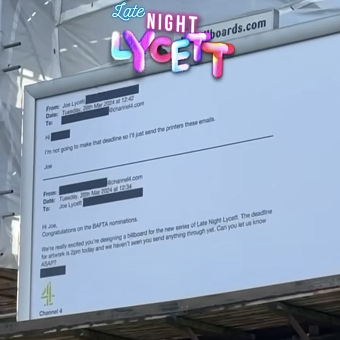 Late Night Lycett MORE MORE MORE @joelycett is back in @TheBondDigbeth tonight at 10pm on @Channel4, which was very clearly advertised on this billboard.