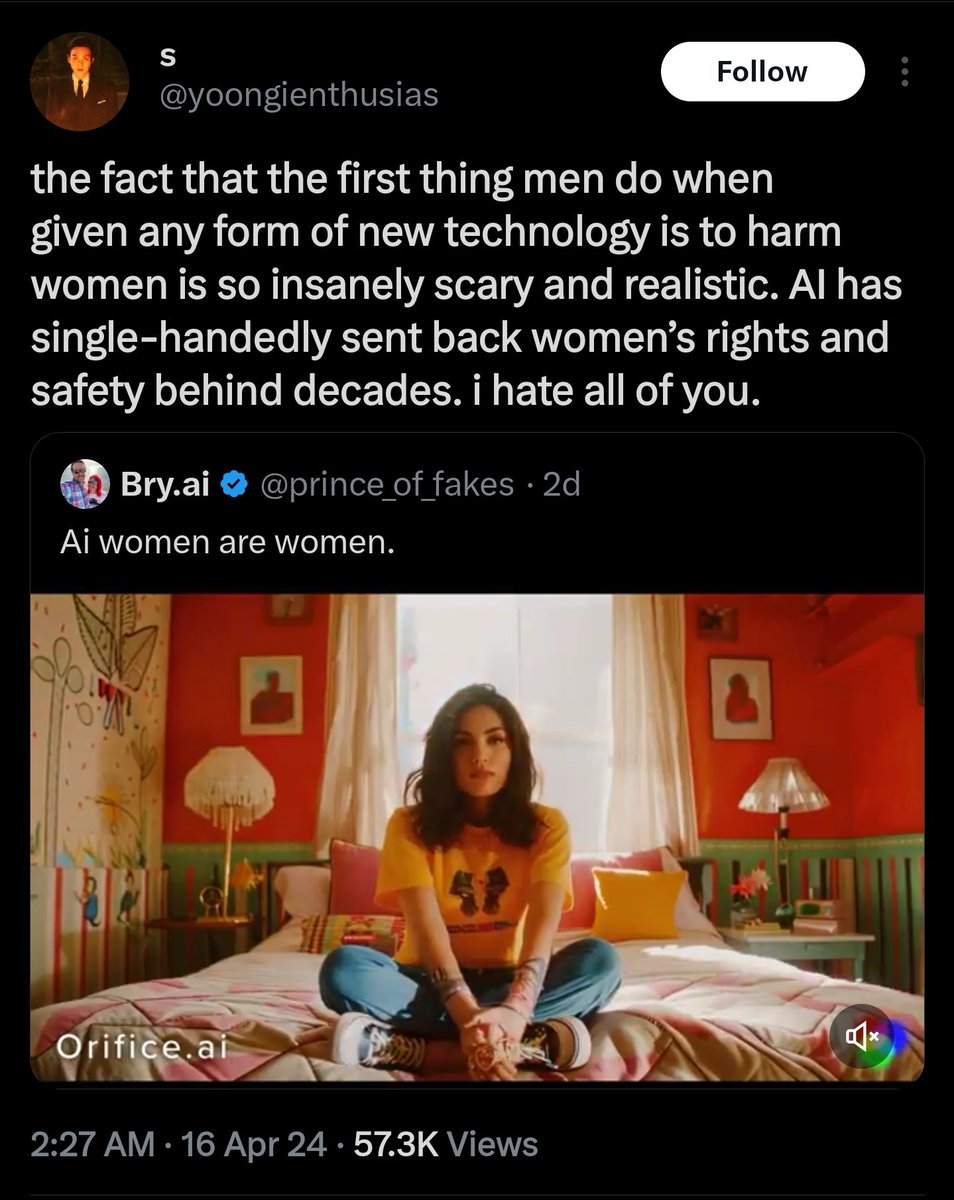 Is this satire of the trans movement? AI women are not real women. How does this harm real women? Men are choosing not to deal with women by having sex with an artificial vagina & somehow, this still harms REAL women? I would think Feminists would be applauding this Y'all are…