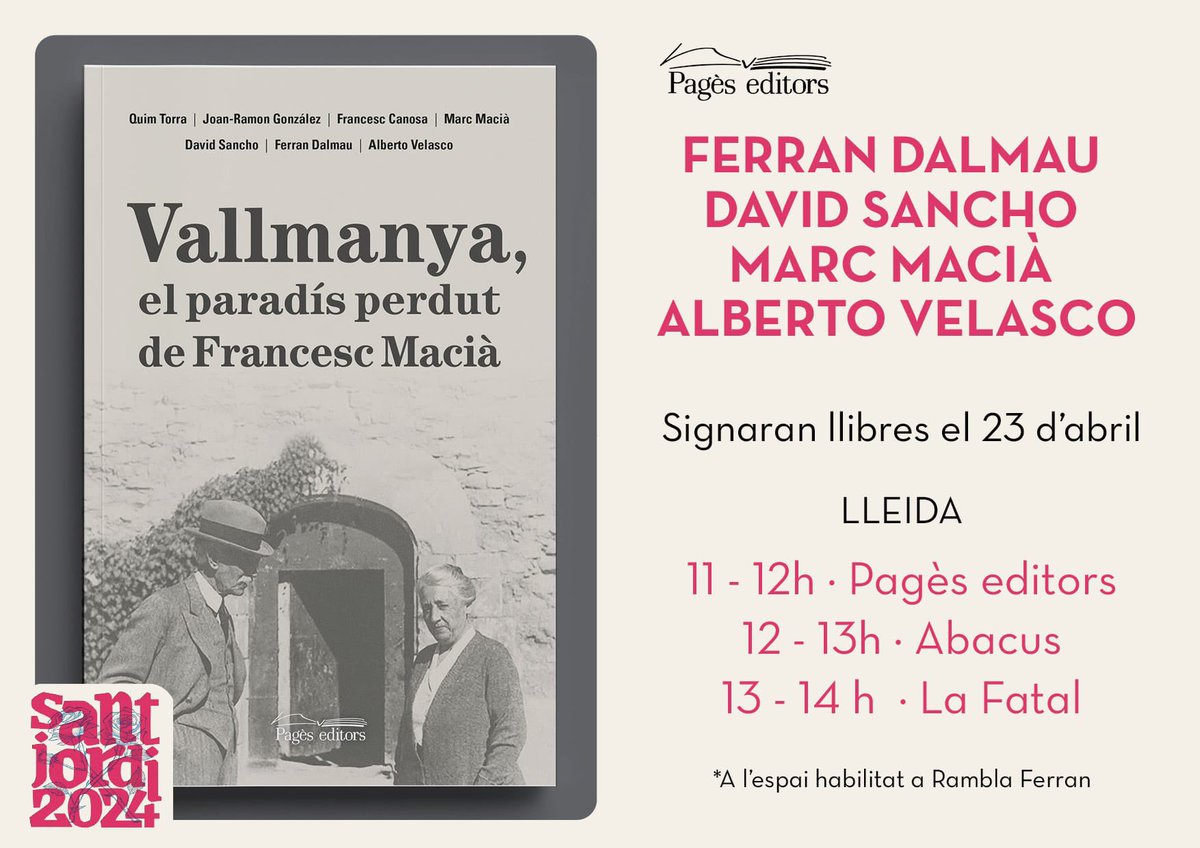 Si us abelleix, el proper dimarts 23 d'abril, trobareu els autors del llibre 'Vallmanya, el paradís perdut de Francesc Macià' signant exemplars a la Rambla de Ferran de Lleida, en horari de matí i migdia!