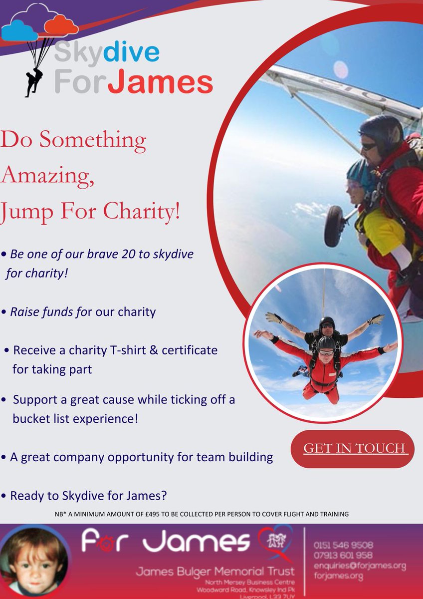 James Bulger charity (@jbmt1) on Twitter photo We have spaces still available for this years SkyDive For James.
Would you like to take part on Sunday 9th June?
Email stuart@forjames.org for more information. 🪂🪂🛩 We have spaces still available for this years SkyDive For James.
Would you like to take part on Sunday 9th June?
Email stuart@forjames.org for more information. 🪂🪂🛩