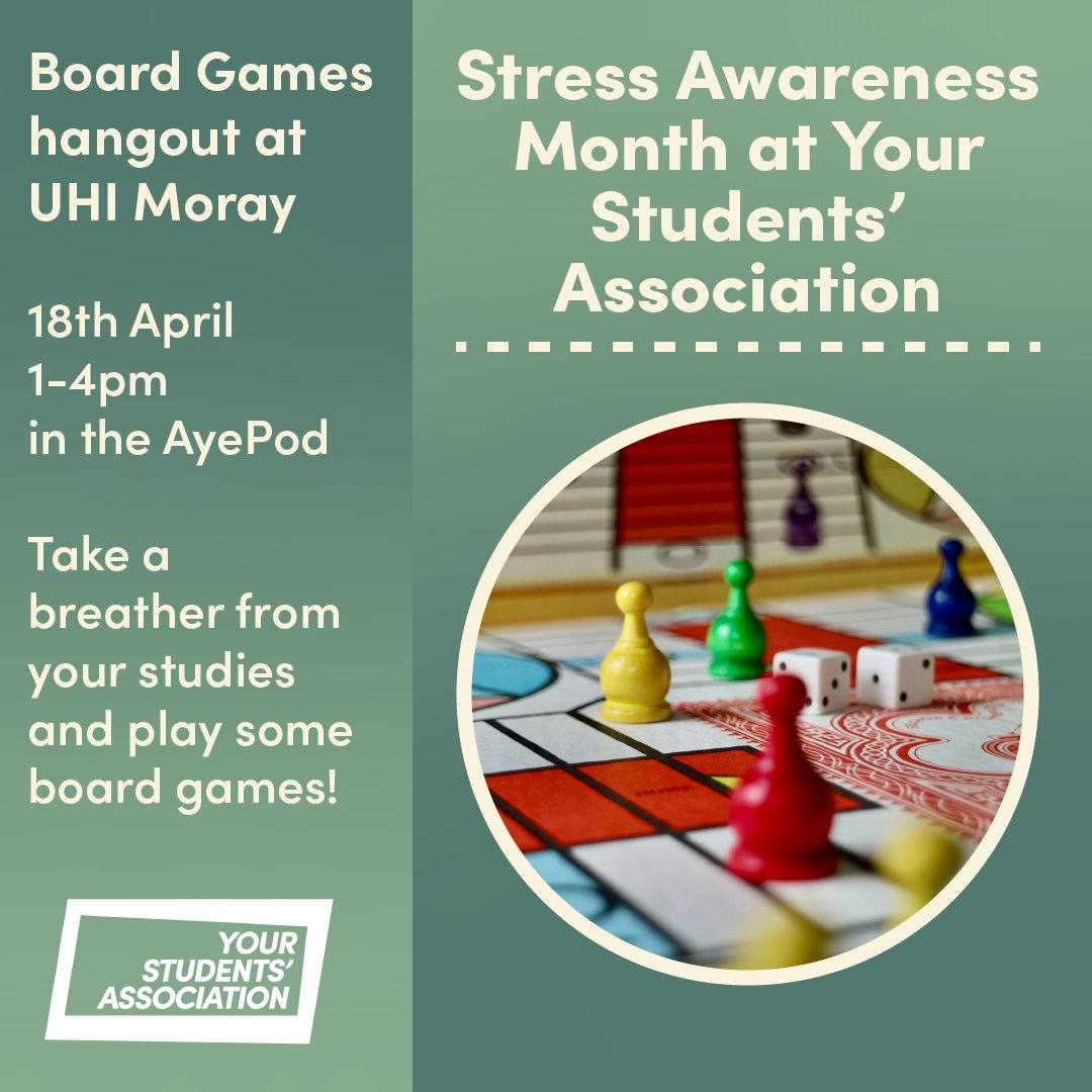 UHIMoray's tweet photo. Did you know that April is #StressAwarenessMonth? @YourSAatUHI are running events to give students the opportunity to take a breather:
➕ Board Games: 18 April, 1pm - 4pm, AyePod Cafe
➕ Craft and Craic: 25 April, 11am - 3pm, AyePod Cafe

More info: https://t.co/a6U8muRjft https://t.co/JB6RH3GS2J