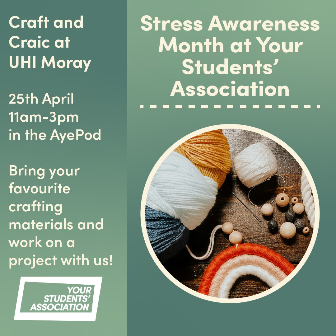 UHIMoray's tweet photo. Did you know that April is #StressAwarenessMonth? @YourSAatUHI are running events to give students the opportunity to take a breather:
➕ Board Games: 18 April, 1pm - 4pm, AyePod Cafe
➕ Craft and Craic: 25 April, 11am - 3pm, AyePod Cafe

More info: https://t.co/a6U8muRjft https://t.co/JB6RH3GS2J