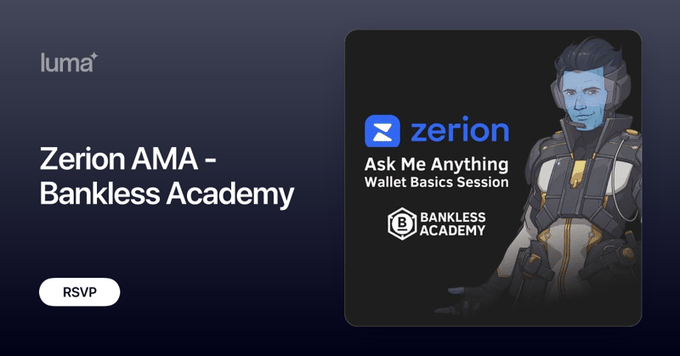 Explorers, mark your calendars! 🚀 Ready to level up your wallet knowledge? Join us in our upcoming 'Ask Me Anything' session with @zerion and learn how to elevate your web3 experience. 🗓️ Wed., April 24th, 2024 ⏰ 11.00 UTC / 13.00 CET Register here 👇🏻 lu.ma/jh1m4adq
