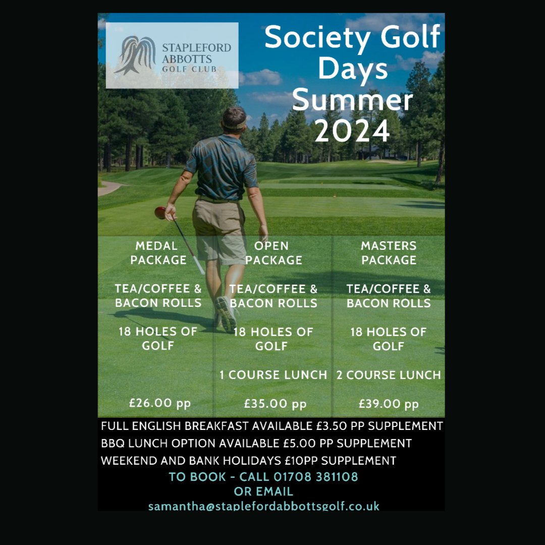 Society Golf Days from £26 pp including tea/coffee, bacon rolls and 18 holes of golf.

Come and join us.

To book call us on 01708 381108 or email samantha@staplefordabbottsgolf.co.uk.

#sagc #romford #havering #staplefordabbotts #essex #essexgolf #herts #m25 #brentwood