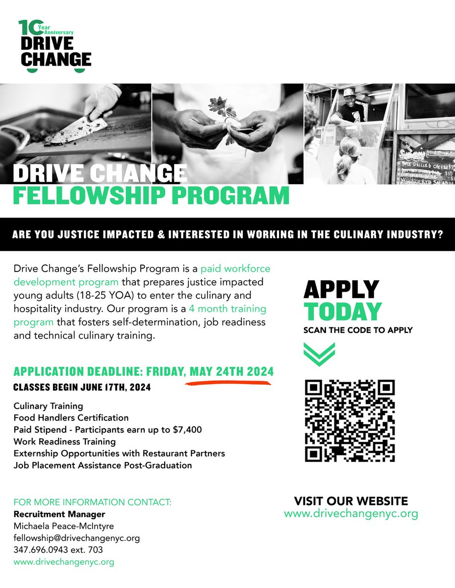 Do you know any young people in NYC between the ages of 18 and 25 YOA who are systems-impacted and interested in working in the culinary industry? <a href="/DriveChangeNYC/">Drive Change NYC</a> is currently recruiting for its 2024 Summer Cohort!

This is a PAID training program. Our fellows graduate with 190+