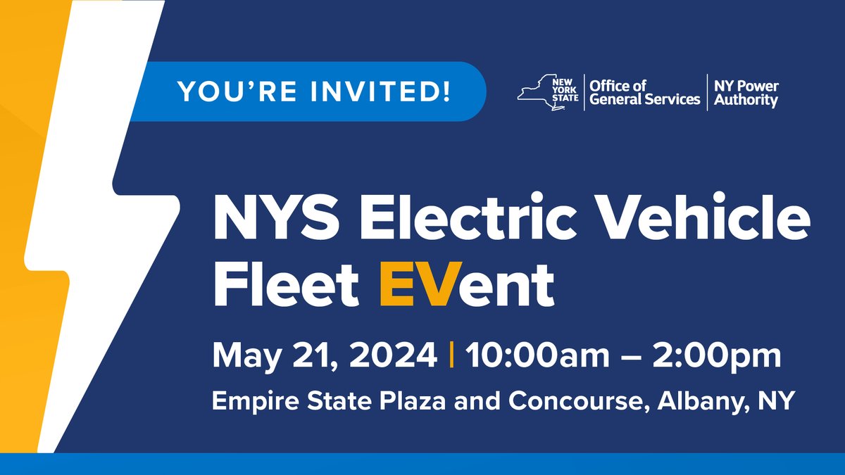 OGS & @NYPAenergy are charged up about the 2024 Electric Vehicle Fleet EVent! Join us to learn more about using EVs in your fleet with: ✅Expert discussions ✅New EVs from NYS dealers and agencies ⚡️Charging systems 🗓️May 21, Empire State Plaza REGISTER: ogs.ny.gov/electric-vehic…
