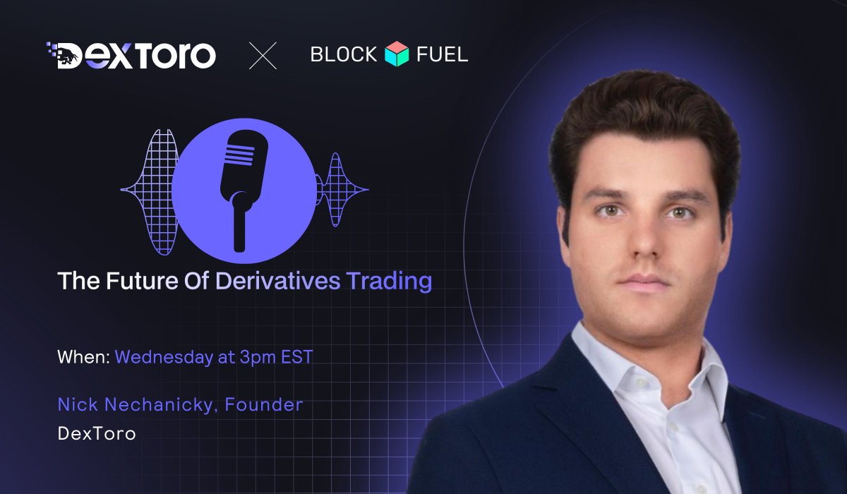 Save the date for tomorrow at 3 PM EST! 📅 Tune in as DexToro's Founder, @nick_dextoro, joins Block Fuel Group's Podcast and discover how @DexToro_com is revolutionizing derivatives trading. Stay updated by following @Block_Fuel 🤝