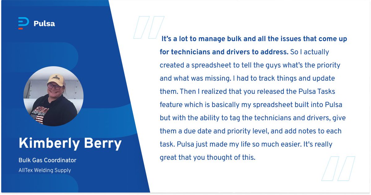 Are you using Pulsa Tasks yet?  Don't take it from us, hear how it it helps Kimmy at AllTex Welding Supply, Inc.

Get started today: bit.ly/4aP051s

#Pulsa #NextGenTelemetry #WorkSmarter #Operations #OperationalEfficiency