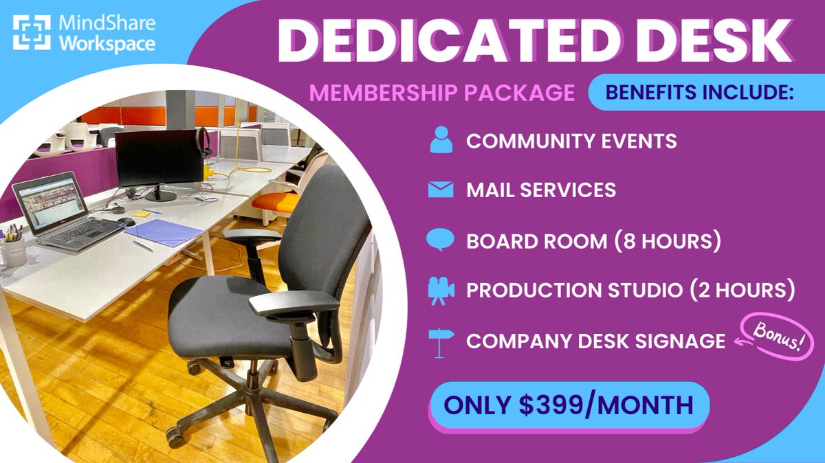 Upgrade Your Workspace with a Dedicated Desk @MindShareWork! Enjoy the perks of a dedicated desk: Personalized workspace Networking opportunities Elevate your productivity in Mississauga and Reserve your dedicated desk now! #coworking #workspace #startup