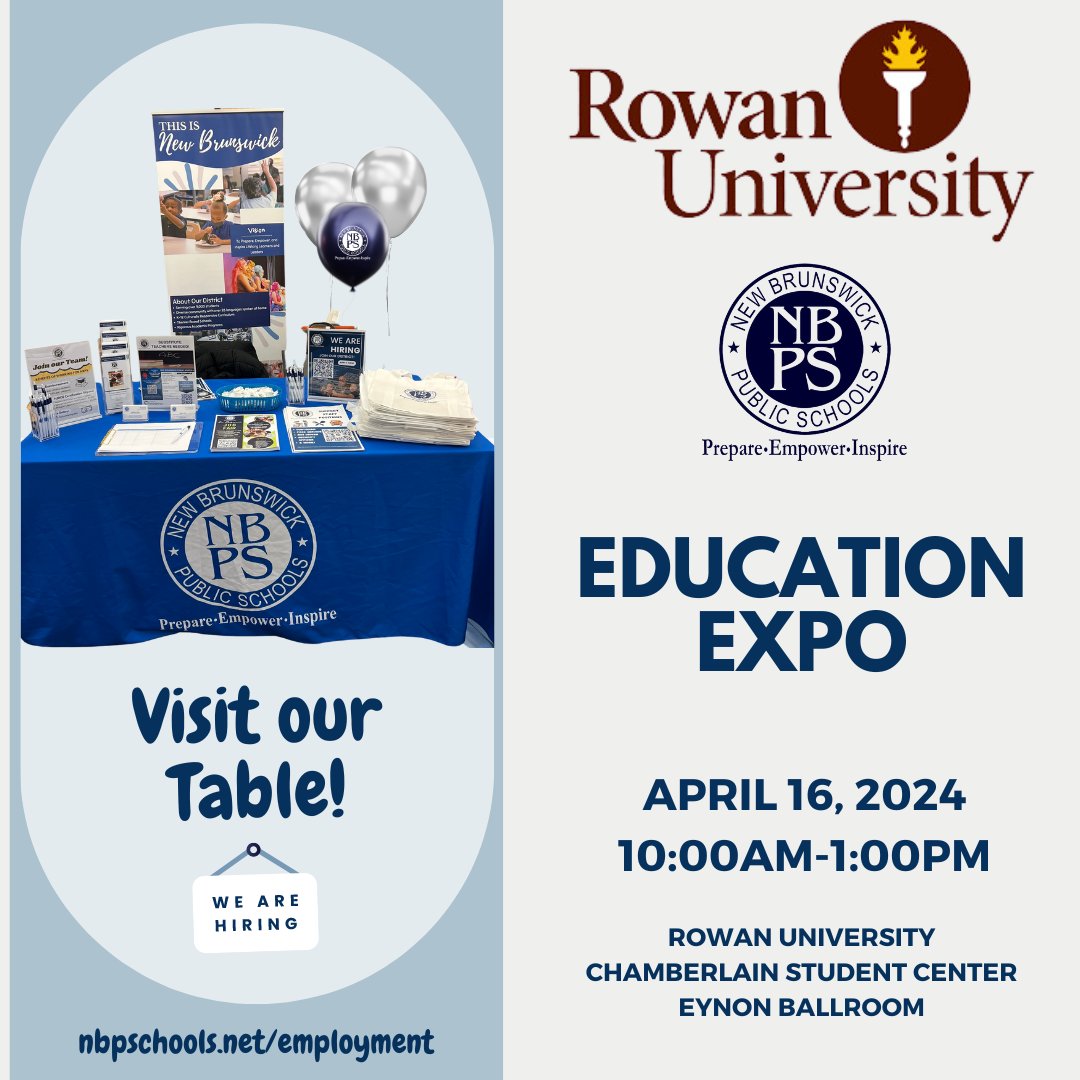 Join us today at the @RowanUniversity Education Expo! Discover exciting opportunities for future educators at our booth. Let's connect! #JoinNBPS #NJEducators #WeAreHiring #Allin4NB #NBPSLetsGo!