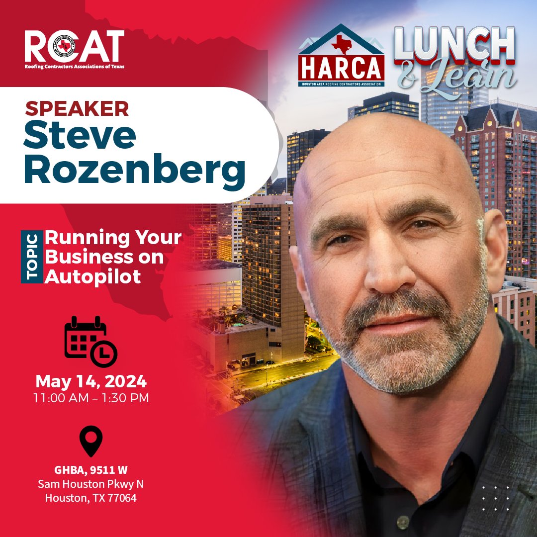 Join us on May 14th for a transformative @HARCA_HTX Lunch & Learn session with @SteveRozenberg.

Reserve your spot now at the following link: hubs.ly/Q02sKDfm0

#Texas #Commercialroofing #ResidentialRoofing #WaterproofingContractors #Contractorassociation #TexasRoofing